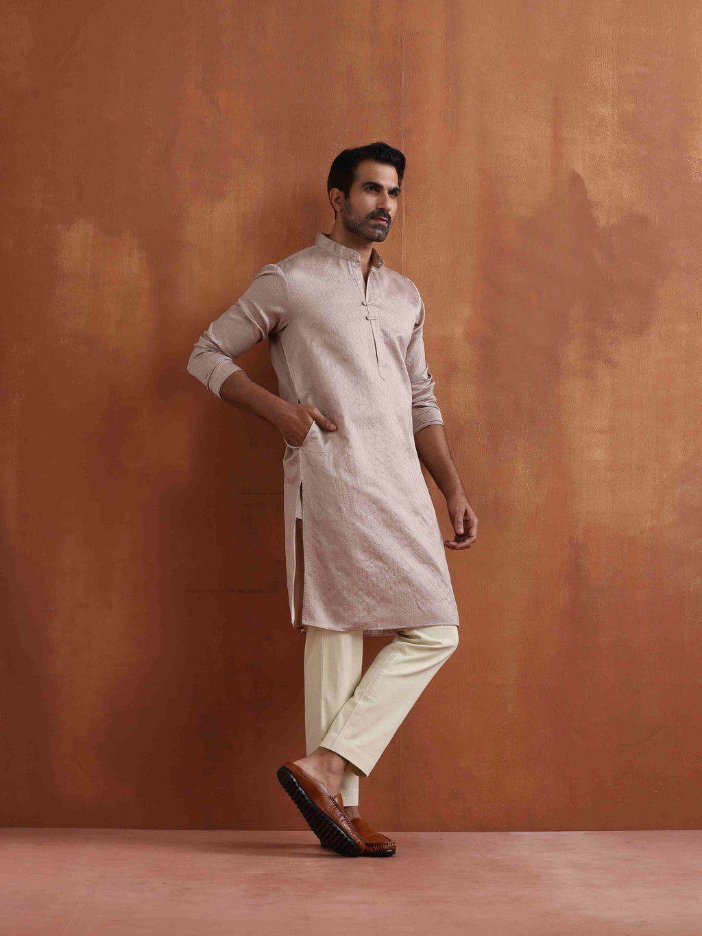 trueBrowns Men's Beige Sequin Chanderi Kurta | Grocsy