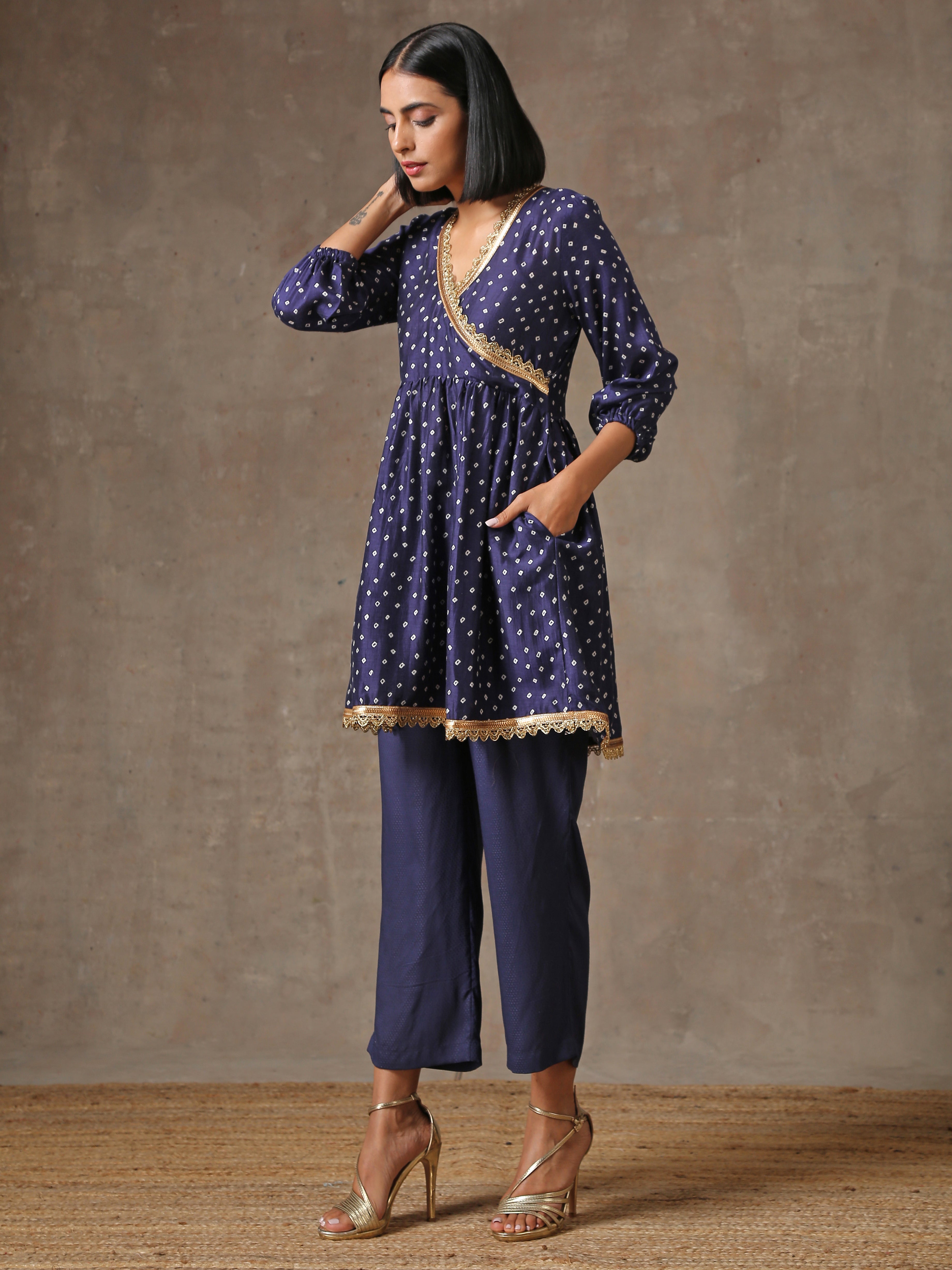 trueBrowns Blue Bandhani Printed Silk Co-Ord Set | Grocsy