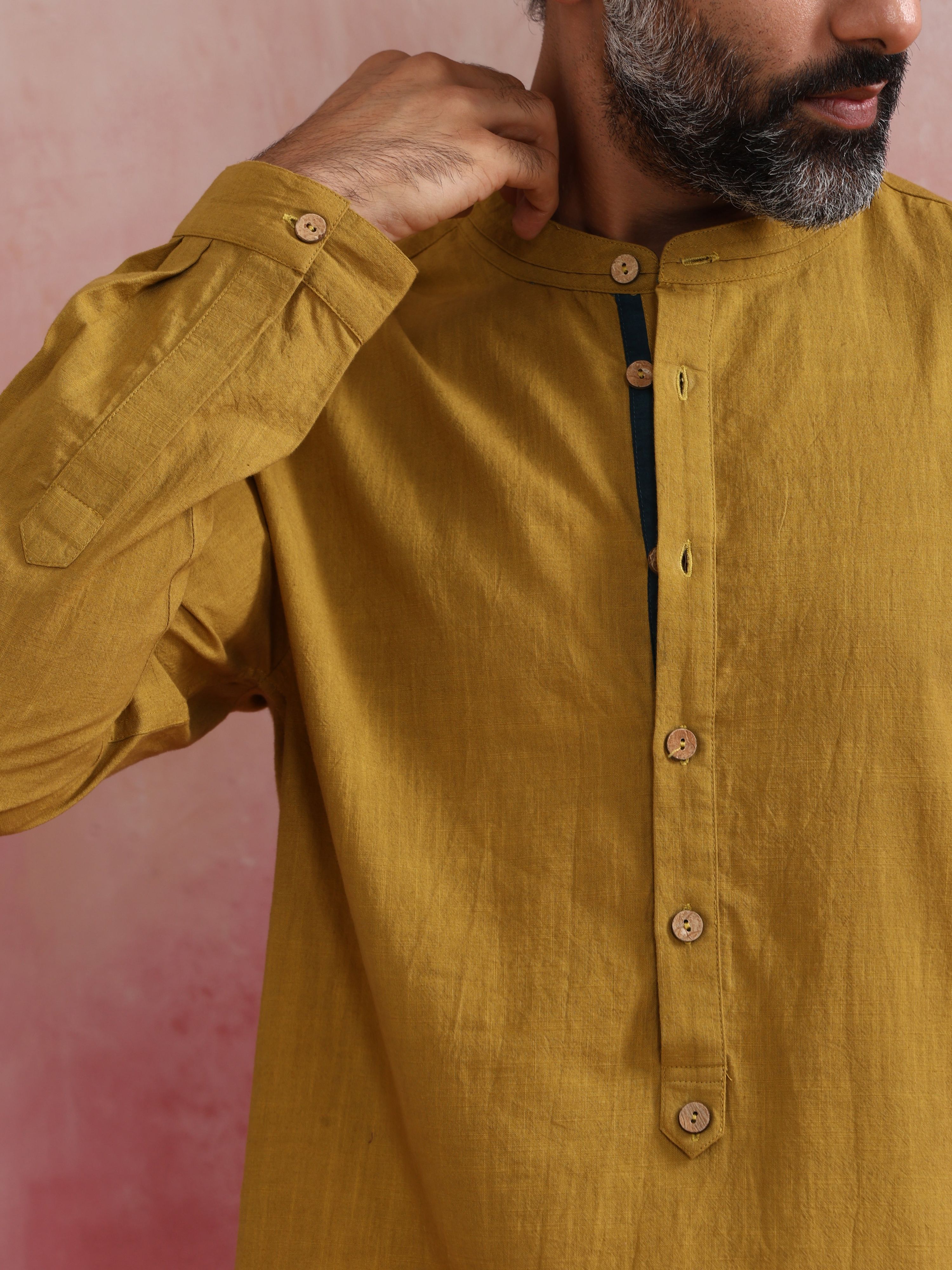 trueBrowns Men's Mustard Cotton Mandarin Collar Stylized Kurta | Grocsy