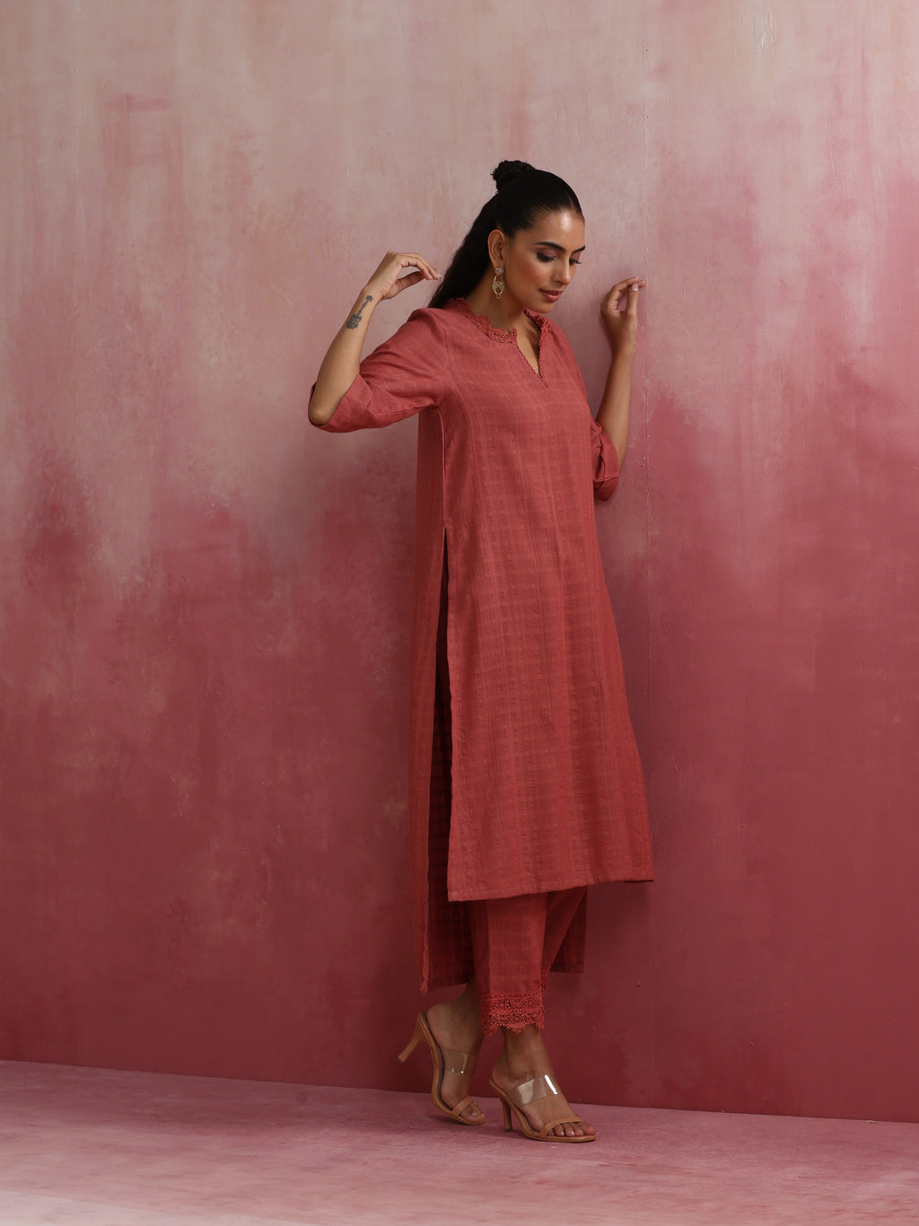 trueBrowns Peach High low Cotton Dobby Kurta Set | Grocsy