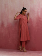 trueBrowns Peach High low Cotton Dobby Kurta Set | Grocsy