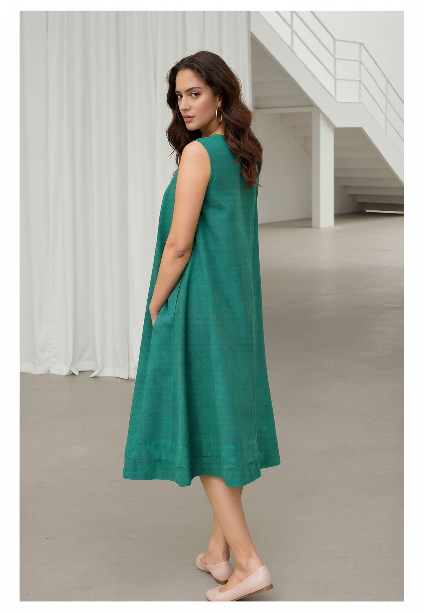 Myshka Women Green Linen A-Line Midi Dress with Full Sleeves Shirt | Grocsy