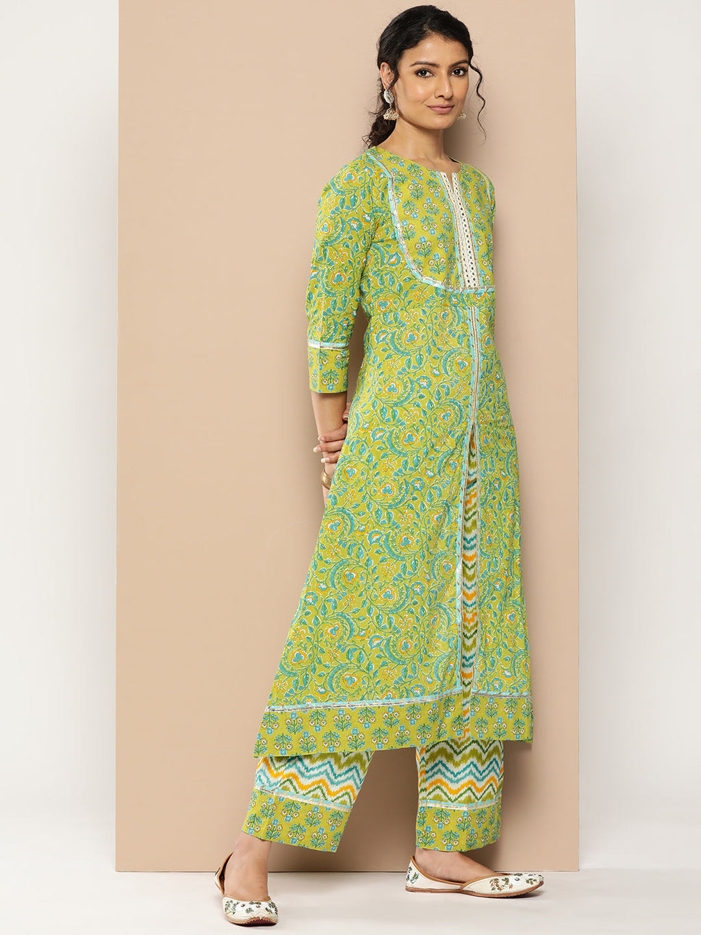 KSUT (House of Varanga) Green Floral Printed A-Line Kurta Paired With Printed Palazzo And Chiffon Dupatta | Grocsy