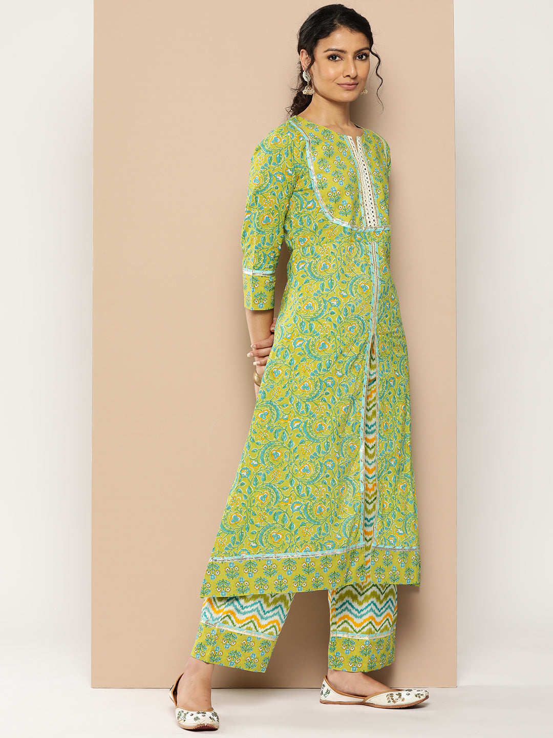 KSUT (House of Varanga) Green Floral Printed A-Line Kurta Paired With Printed Palazzo And Chiffon Dupatta | Grocsy