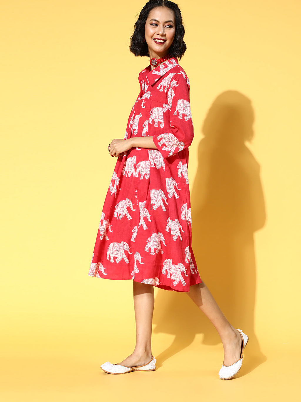 InWeave Red Elephant Flared Dress | Grocsy