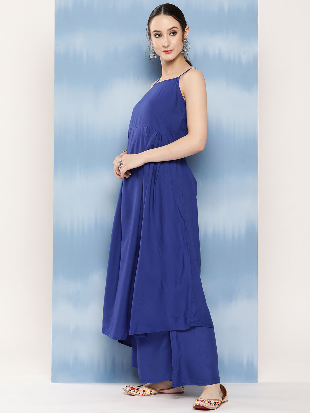 InWeave Women's Ink Blue Strappy Set With Navy Pink Lotus Cr Dupatta | Grocsy