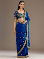 Tulsi Art Dazzling Blue Embroidered Silk Festive Wear Saree With Blouse | Grocsy