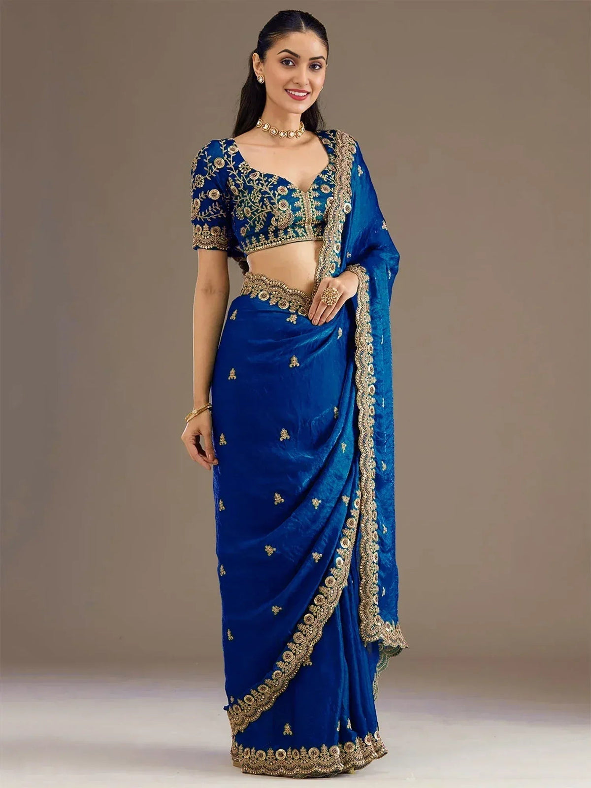 Tulsi Art Dazzling Blue Embroidered Silk Festive Wear Saree With Blouse | Grocsy