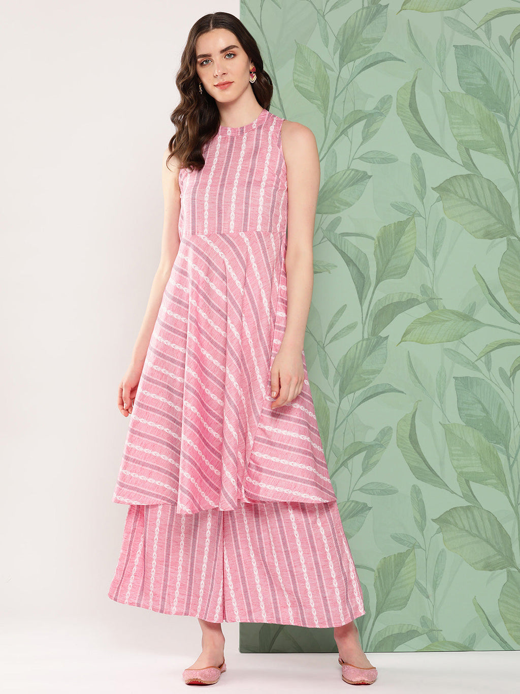 InWeave Women's Pink Kantha Striped Kurta Set | Grocsy