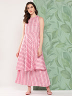 InWeave Women's Pink Kantha Striped Kurta Set | Grocsy