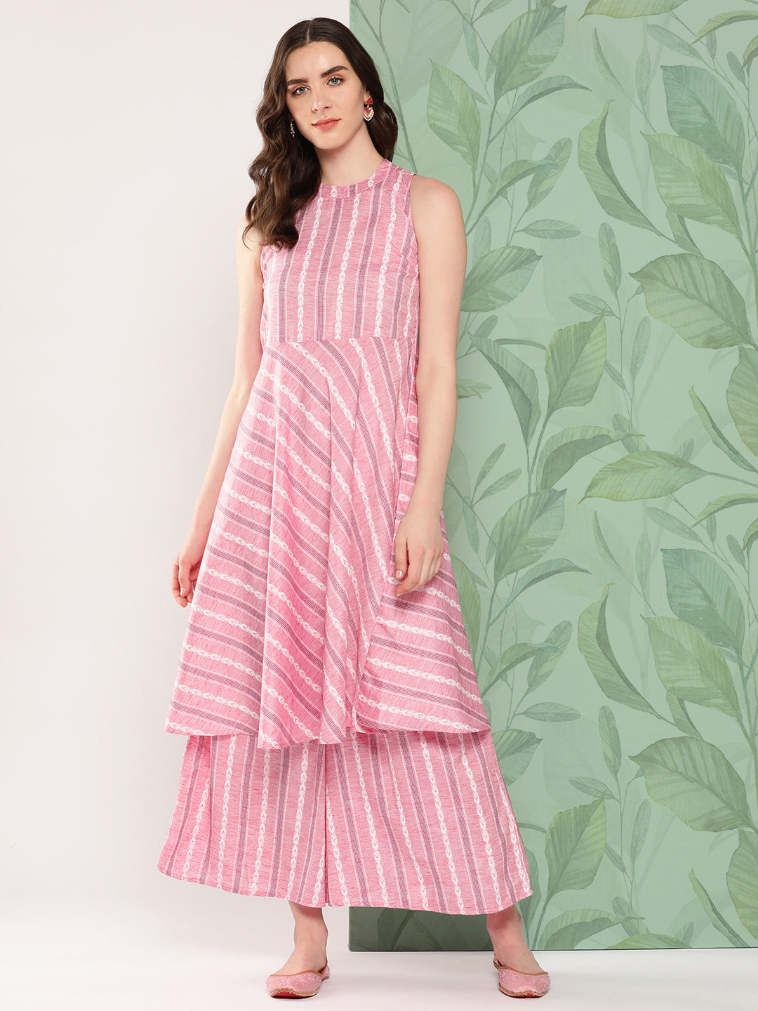 InWeave Women's Pink Kantha Striped Kurta Set | Grocsy
