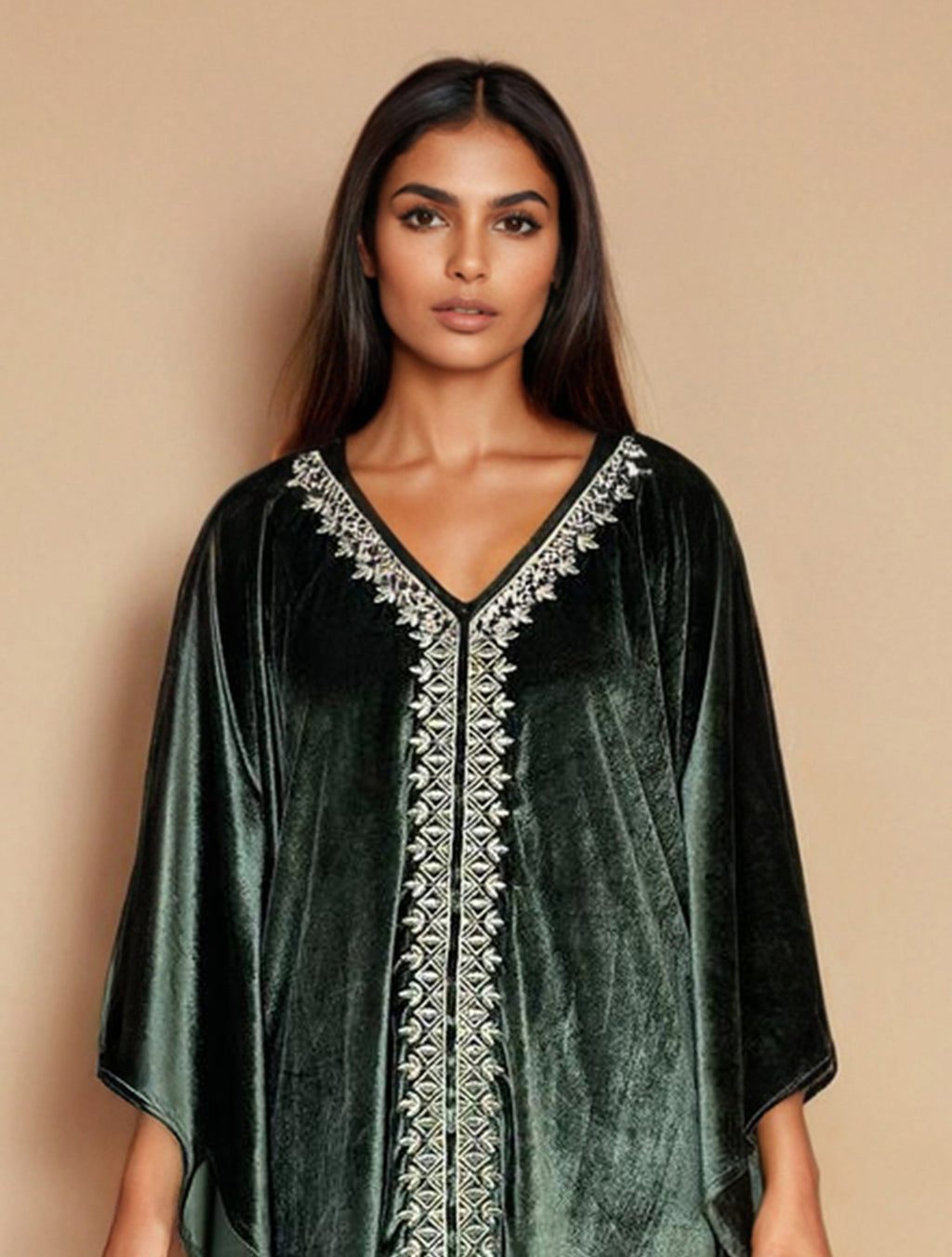 trueBrowns Olive Green Velvet Embroidered Kaftan Kurta Set | Grocsy