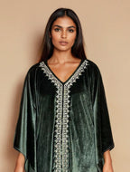 trueBrowns Olive Green Velvet Embroidered Kaftan Kurta Set | Grocsy