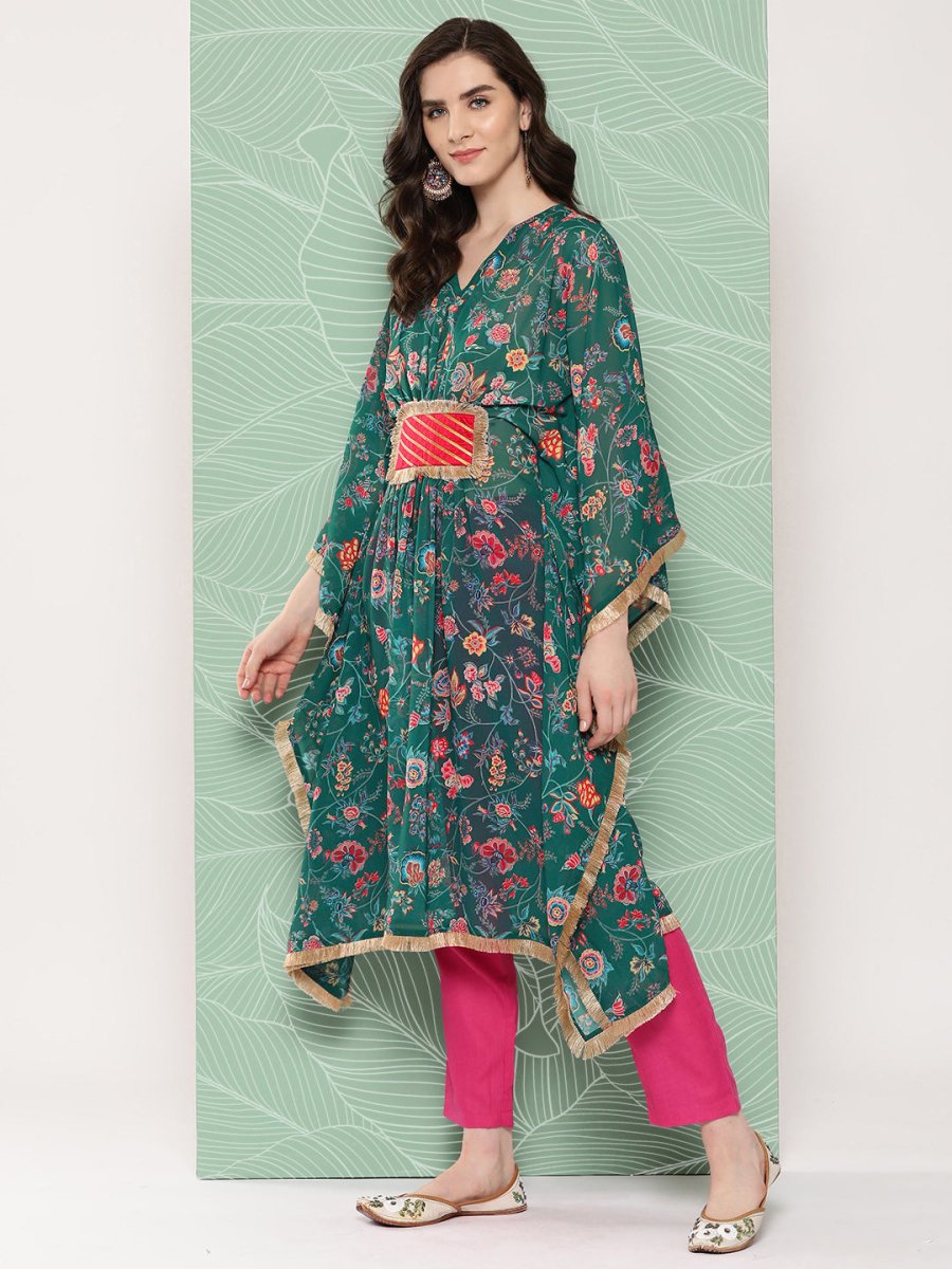 Ahalyaa Women Floral Printed Flared Sleeves Patchwork Georgette Kaftan Kurta | Grocsy
