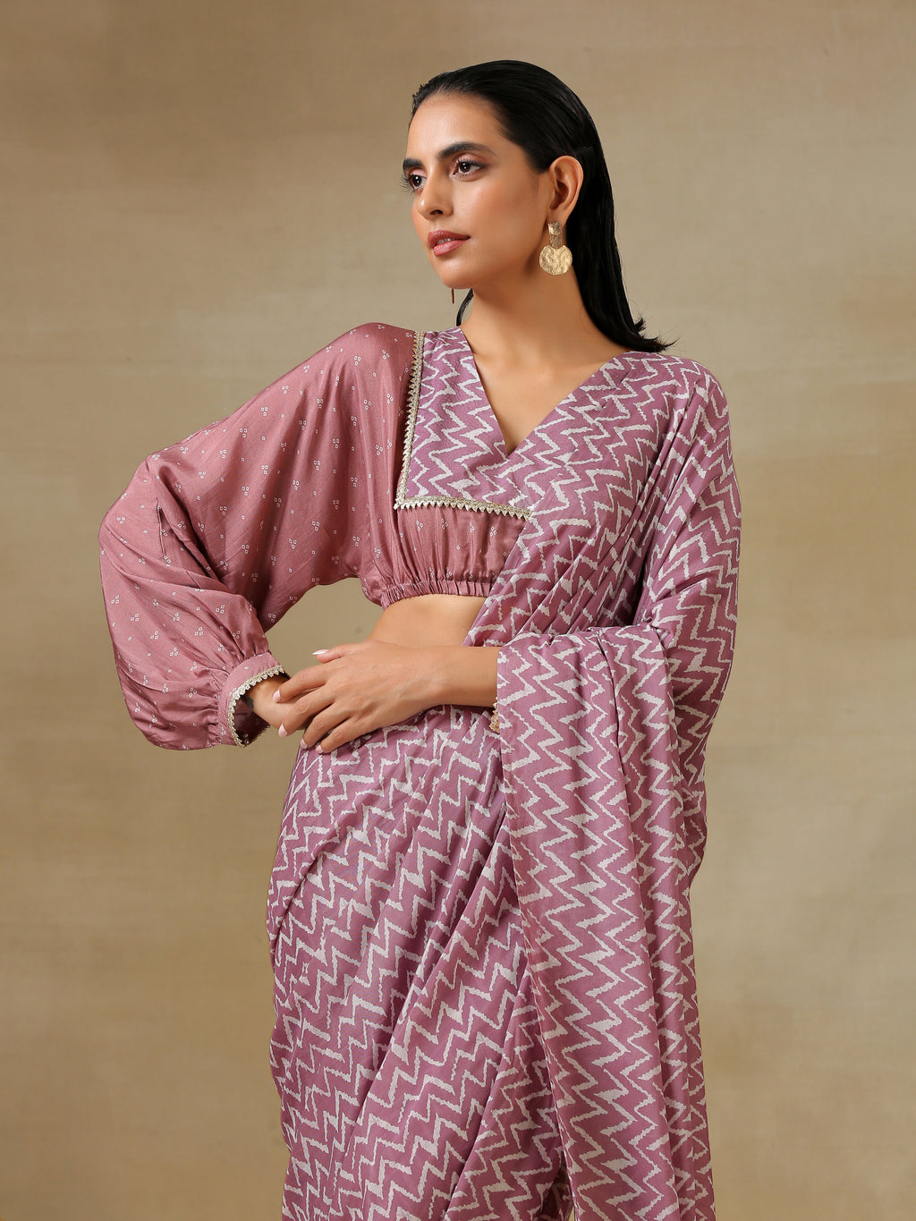 trueBrowns Dark Mauve Bandhani Printed SilkReady to Wear Saree | Grocsy