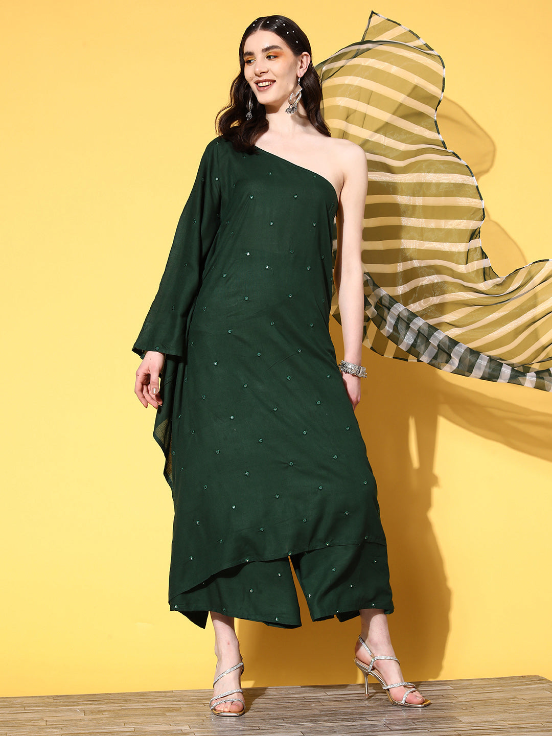 InWeave Women's Green Mirror Work One Shoulder Kurta Set With Dupatta | Grocsy