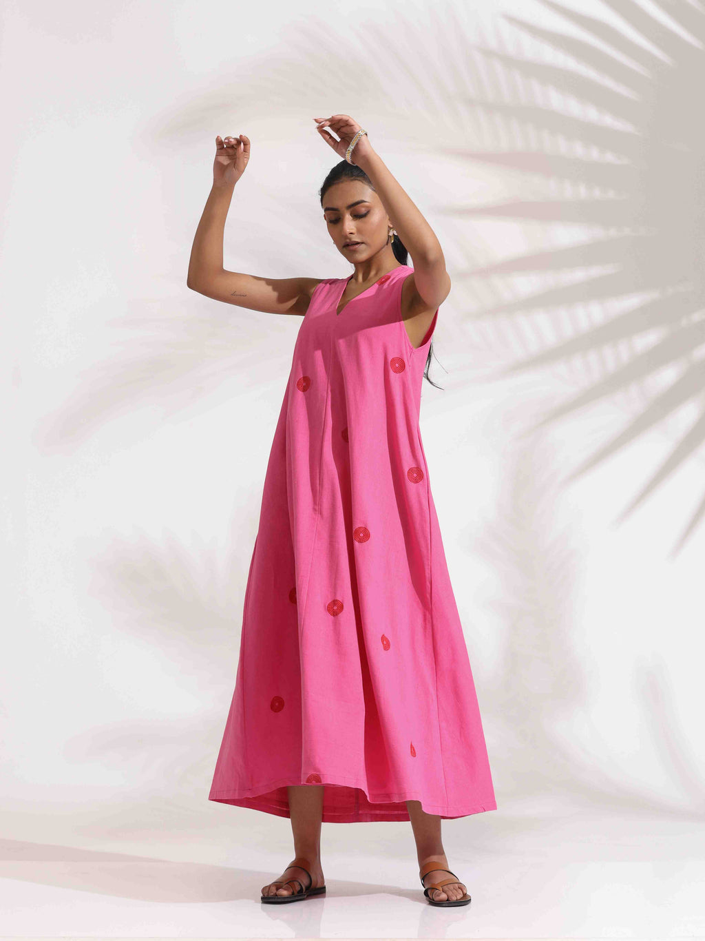 trueBrowns Pink Cotton Embroidered Flared Dress | Grocsy
