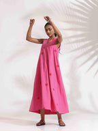 trueBrowns Pink Cotton Embroidered Flared Dress | Grocsy
