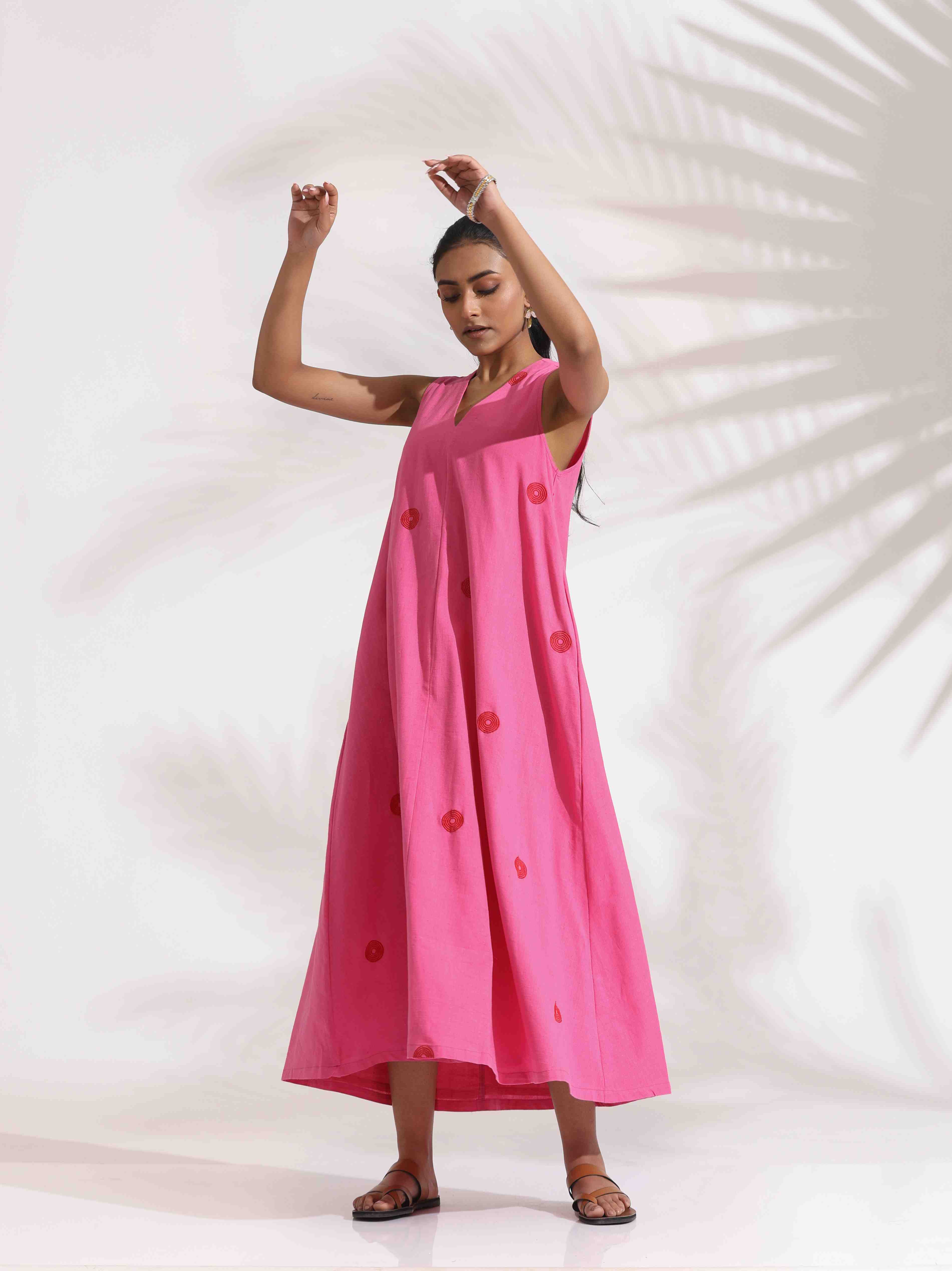 trueBrowns Pink Cotton Embroidered Flared Dress | Grocsy