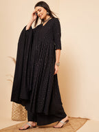 InWeave Women's Black Chikankari Long Anarkali Kurta Sharara Set W Dupatta | Grocsy