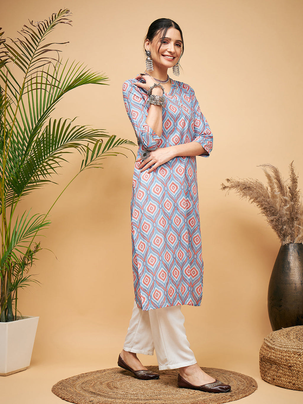InWeave Women's Blue Pink Print Angrakha Style Straight Kurta Pant Set | Grocsy