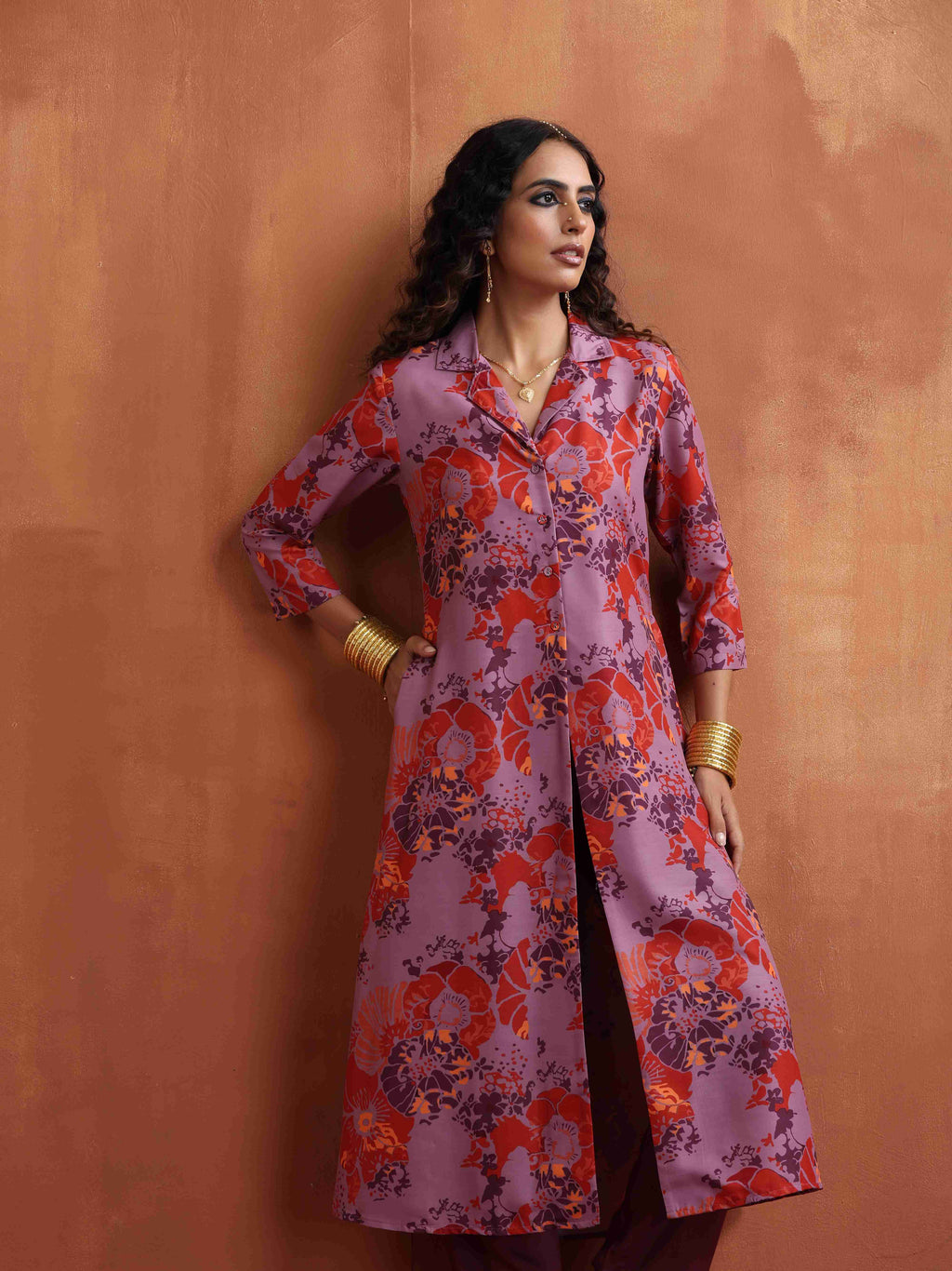 trueBrowns Purple Print Shirt Kurta Set | Grocsy