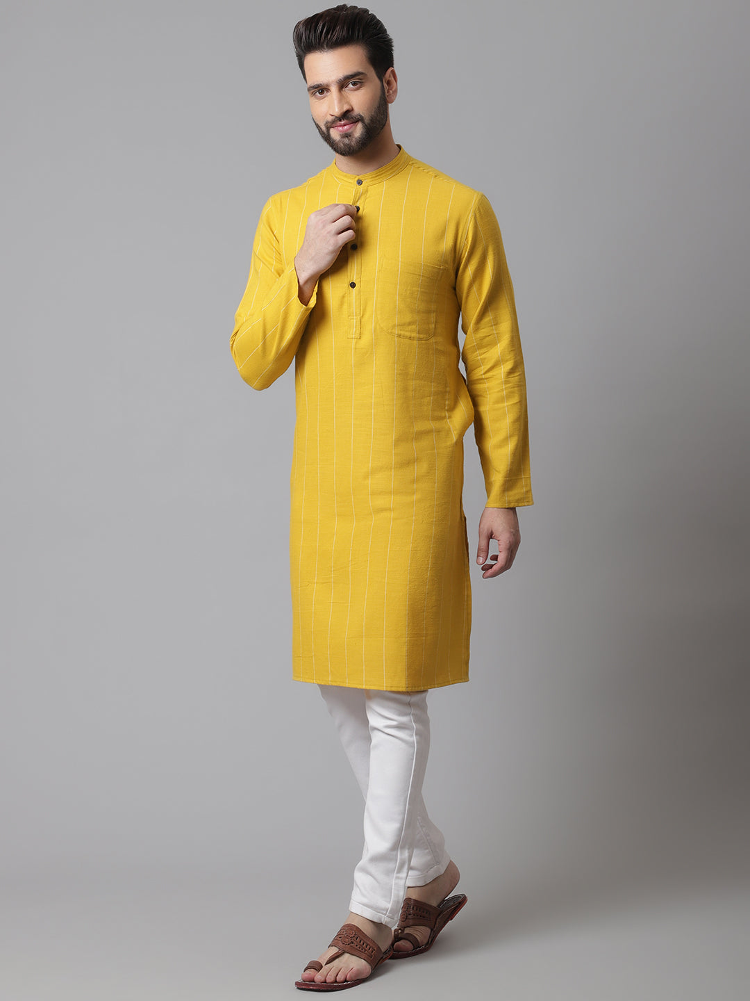 Even Apparels Yellow Pure Cotton Kurta With Band Collar | Grocsy