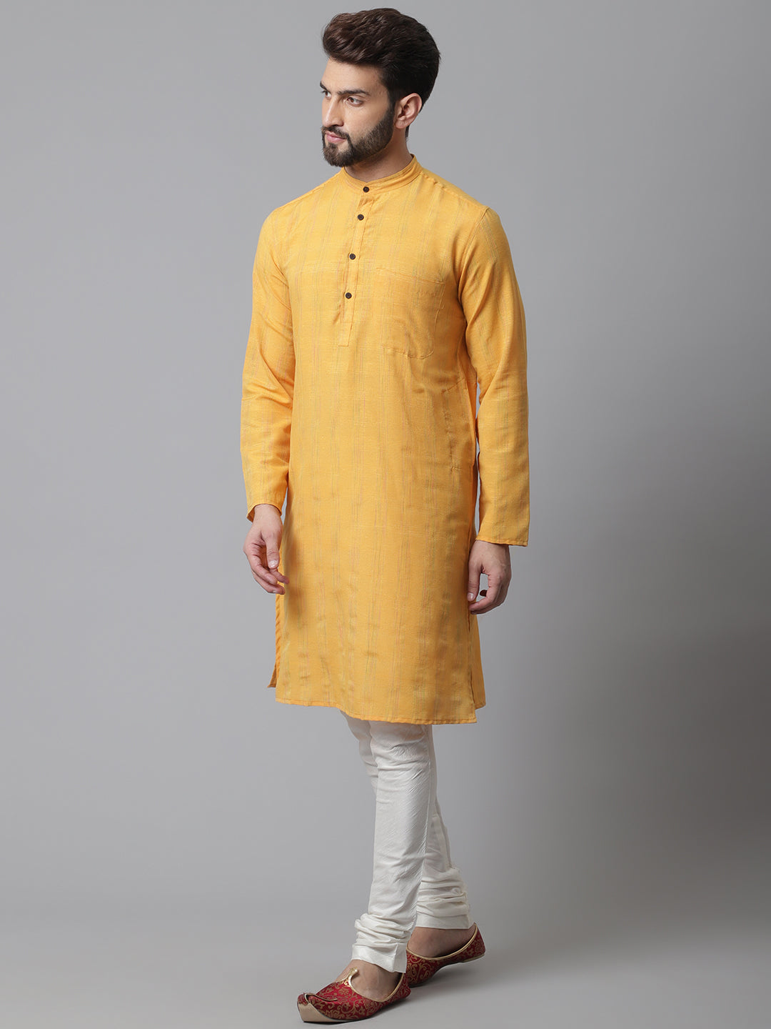 Even Apparels Yellow Kurta With Band Collar | Grocsy