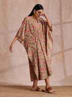 trueBrowns Beige Overall Big Floral Block Print Cotton Kaftan Dress | Grocsy