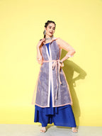 InWeave Women's Ink Blue Strappy Kurta Set With Peach Organza Cape | Grocsy