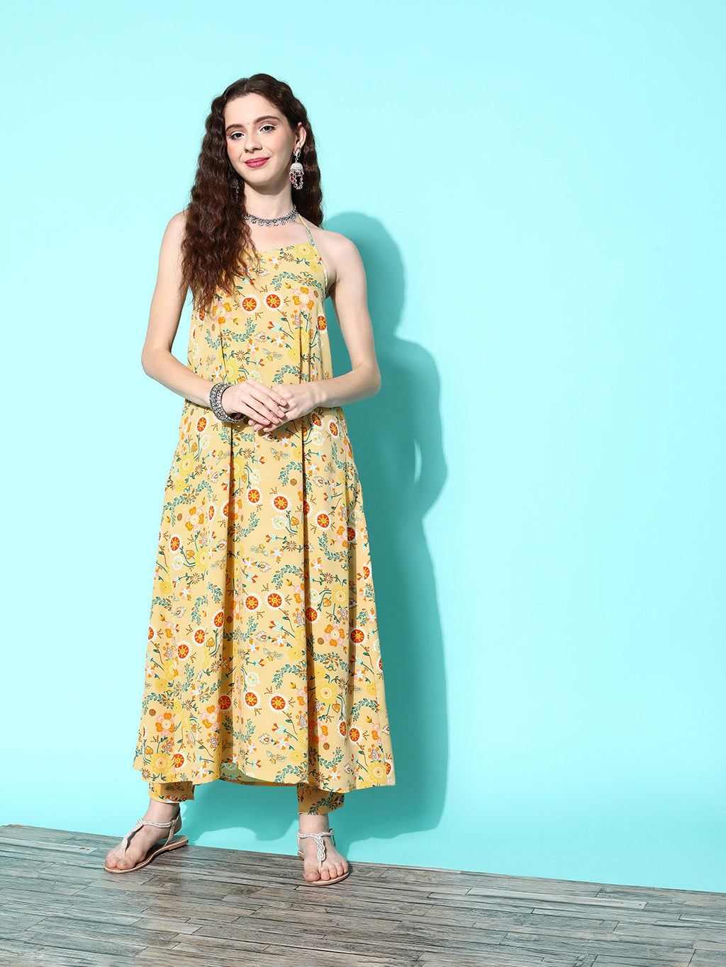 InWeave Women's Yellow Print Back Less Long Kurta Pant Set | Grocsy