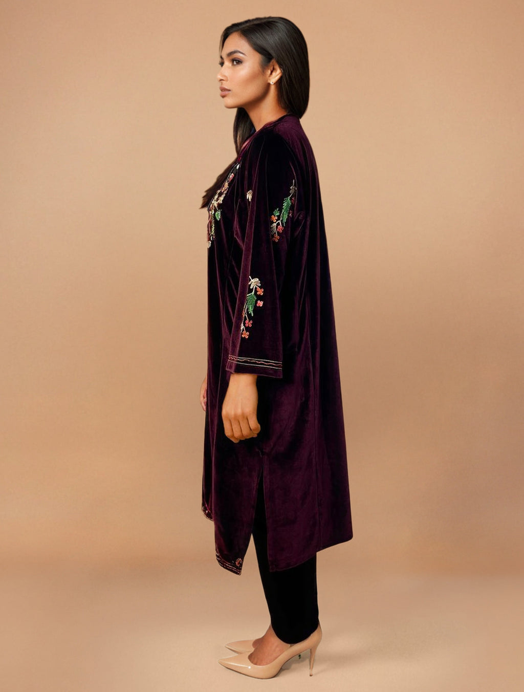 trueBrowns Maroon Velvet Embroidered Kurta Set | Grocsy