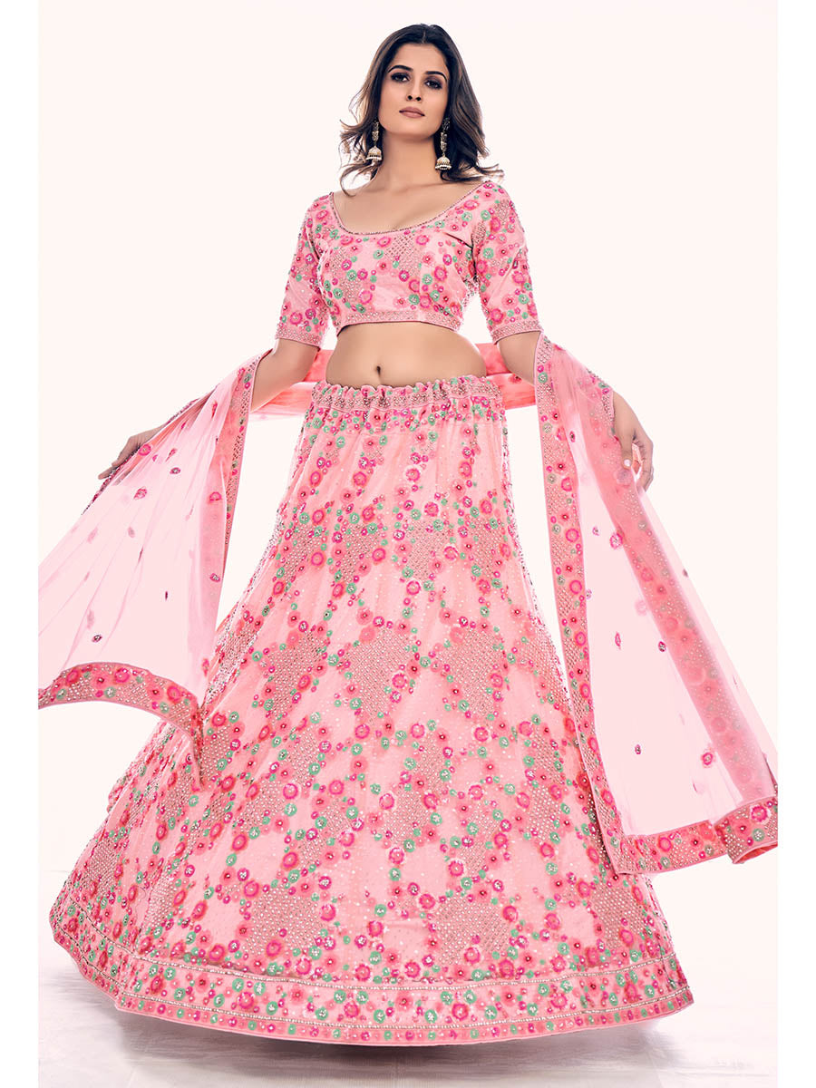 Myra Peach Soft Net Embroidered Designer Lehenga Choli | Grocsy