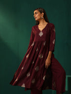 trueBrowns Wine Geometric Viscose Silk High Slit Kurta Pant Set | Grocsy