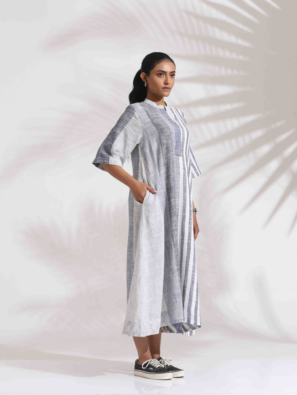 trueBrowns Off-White Cotton Multi Stripe Flared Dress | Grocsy