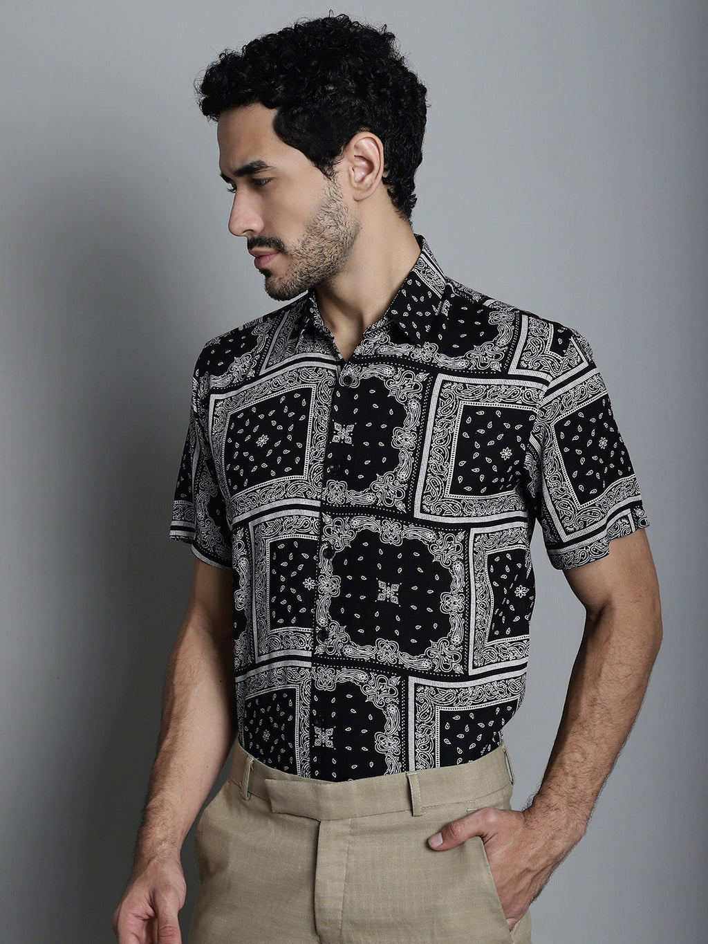 Jainish Men's Paisley Printed Formal Shirts - Black | Grocsy