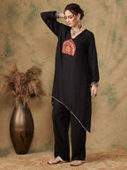 InWeave Women's Black Trangle Maroon Patch Work Assymentrical Kurta Set | Grocsy