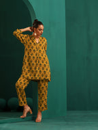 trueBrowns Mustard Flower Stem Muslin Silk Printed Relaxed Co-ord Set | Grocsy