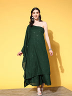 InWeave Women's Green Mirror Work One Shoulder Kurta Set | Grocsy