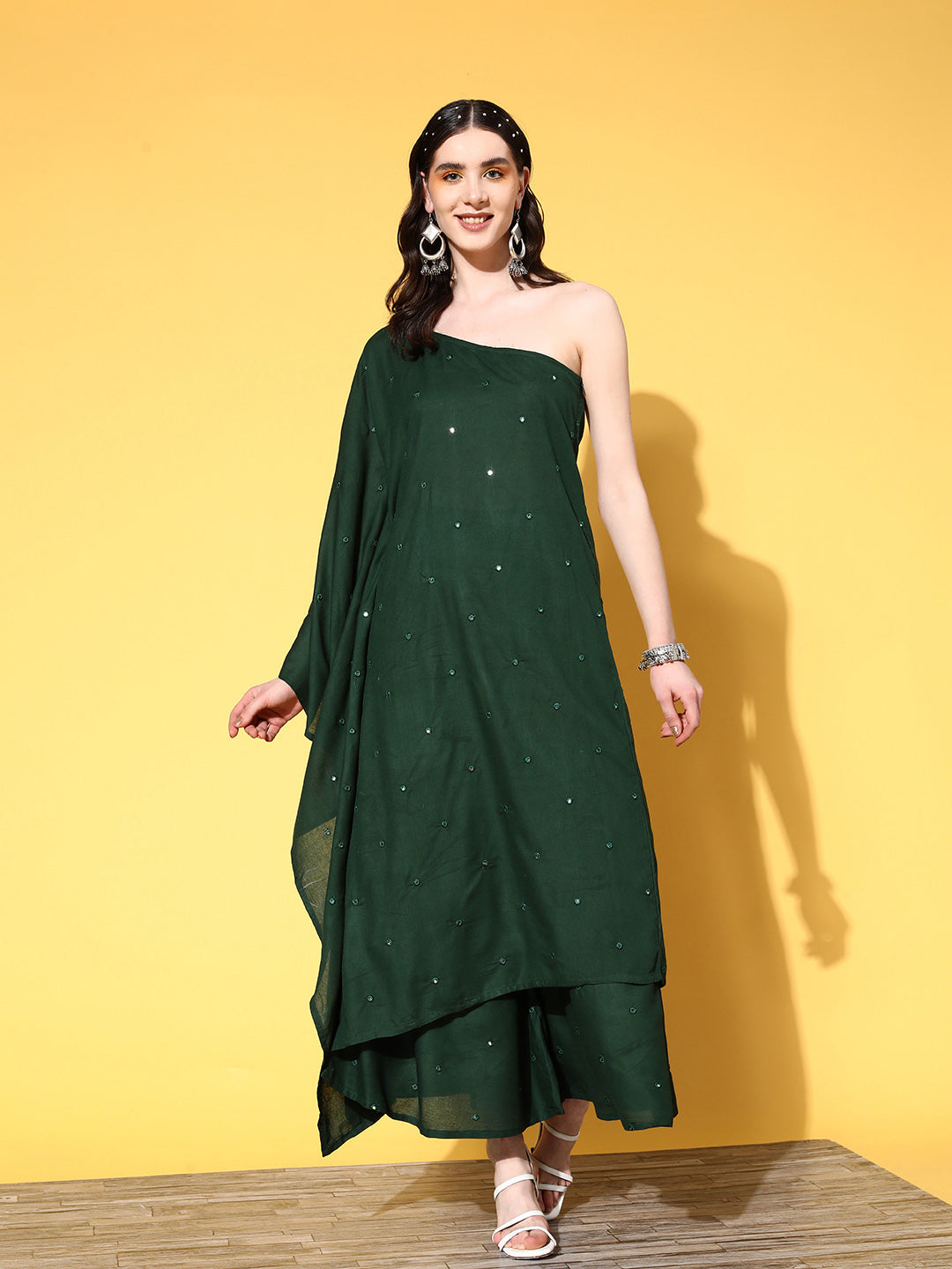 InWeave Women's Green Mirror Work One Shoulder Kurta Set | Grocsy