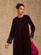trueBrowns Wine Velvet Embroidered Kurta | Grocsy