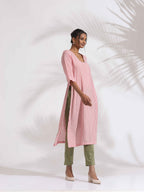 trueBrowns Red Cotton Stripe Straight Kurta Set | Grocsy