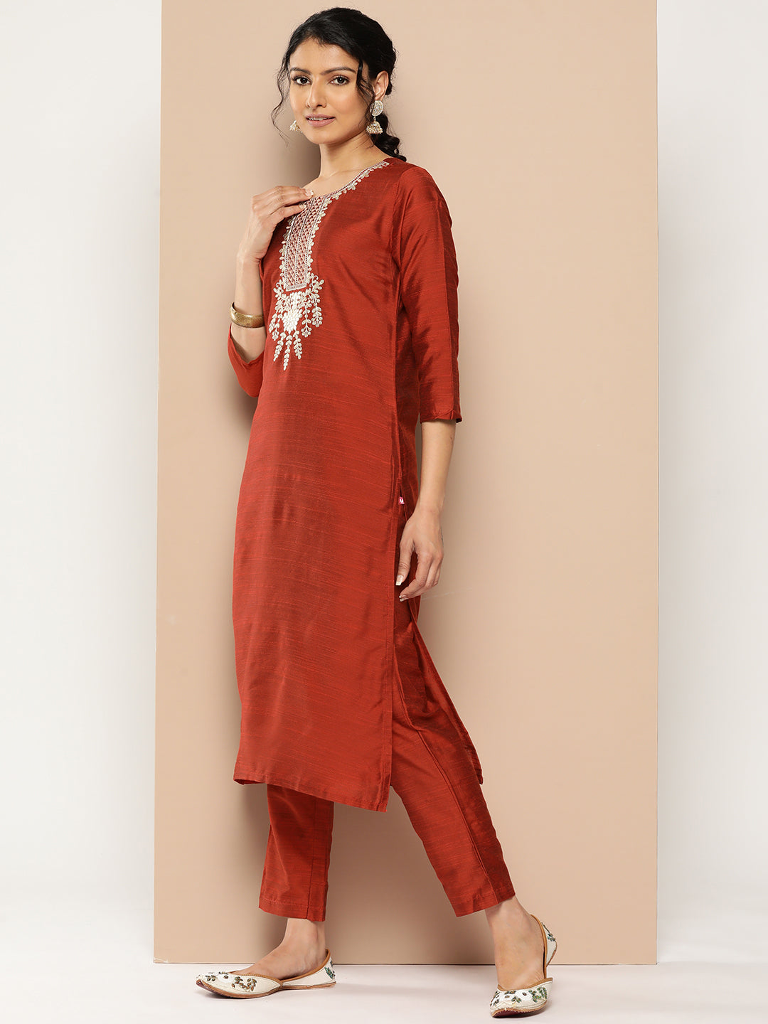 KSUT (House of Varanga) Embroidered Kurta Paired With Pant And Printed Dupatta With Zari Fringes | Grocsy