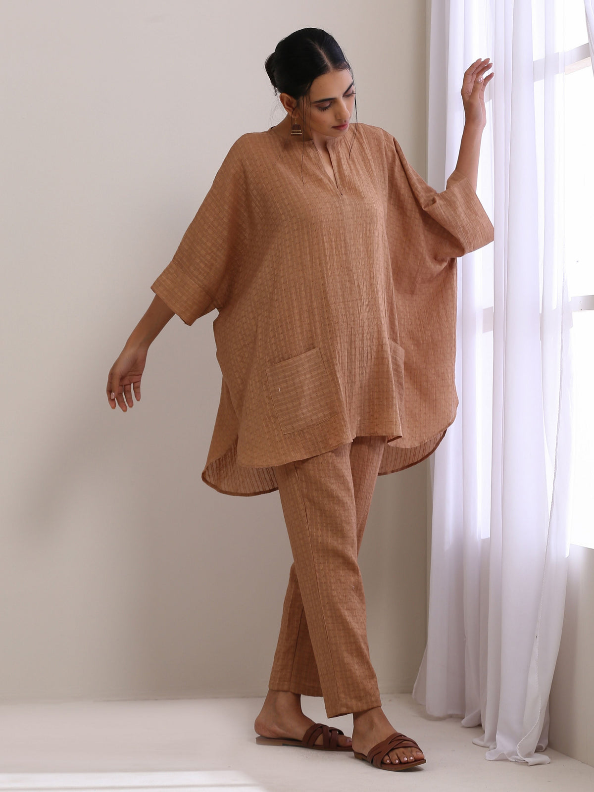 trueBrowns Beige Dobby Boxy Fit High-Low Co-Ord Set | Grocsy