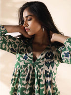 trueBrowns Green Cotton Ikat Flared Dress | Grocsy