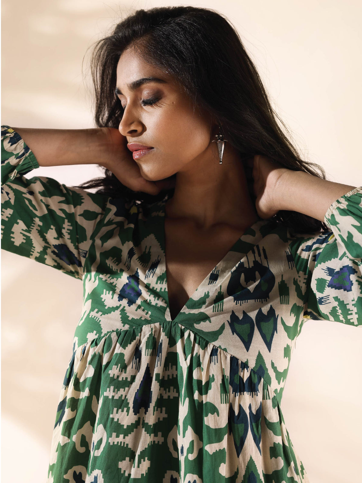 trueBrowns Green Cotton Ikat Flared Dress | Grocsy