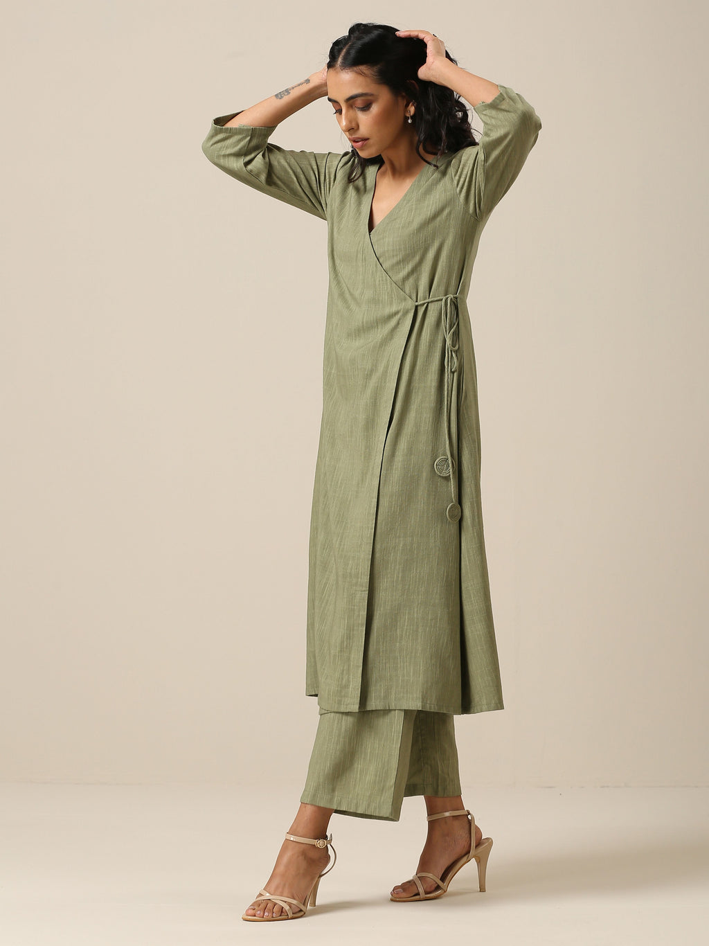 trueBrowns Sage Slub Texture Angrakha Pant Set | Relove | Grocsy