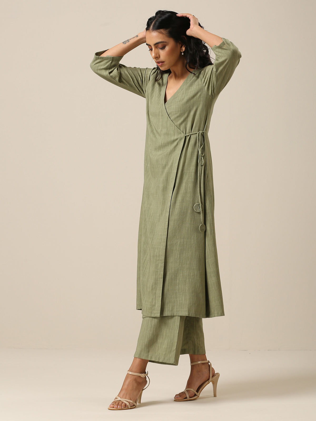 trueBrowns Sage Slub Texture Angrakha Pant Set | Relove | Grocsy
