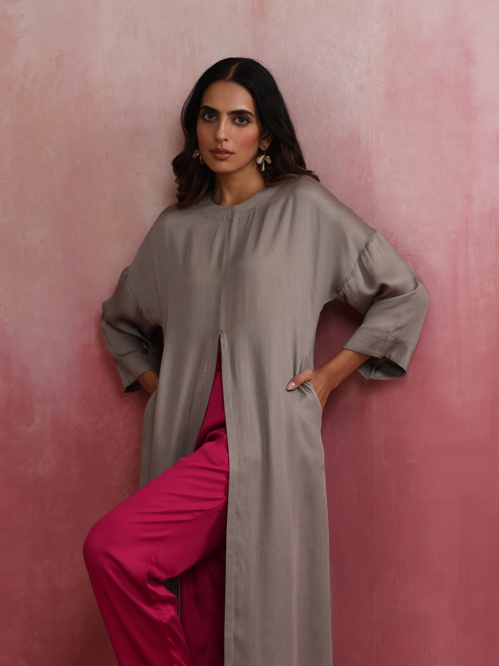 trueBrowns Grey High Slit Modal Kurta Set | Grocsy