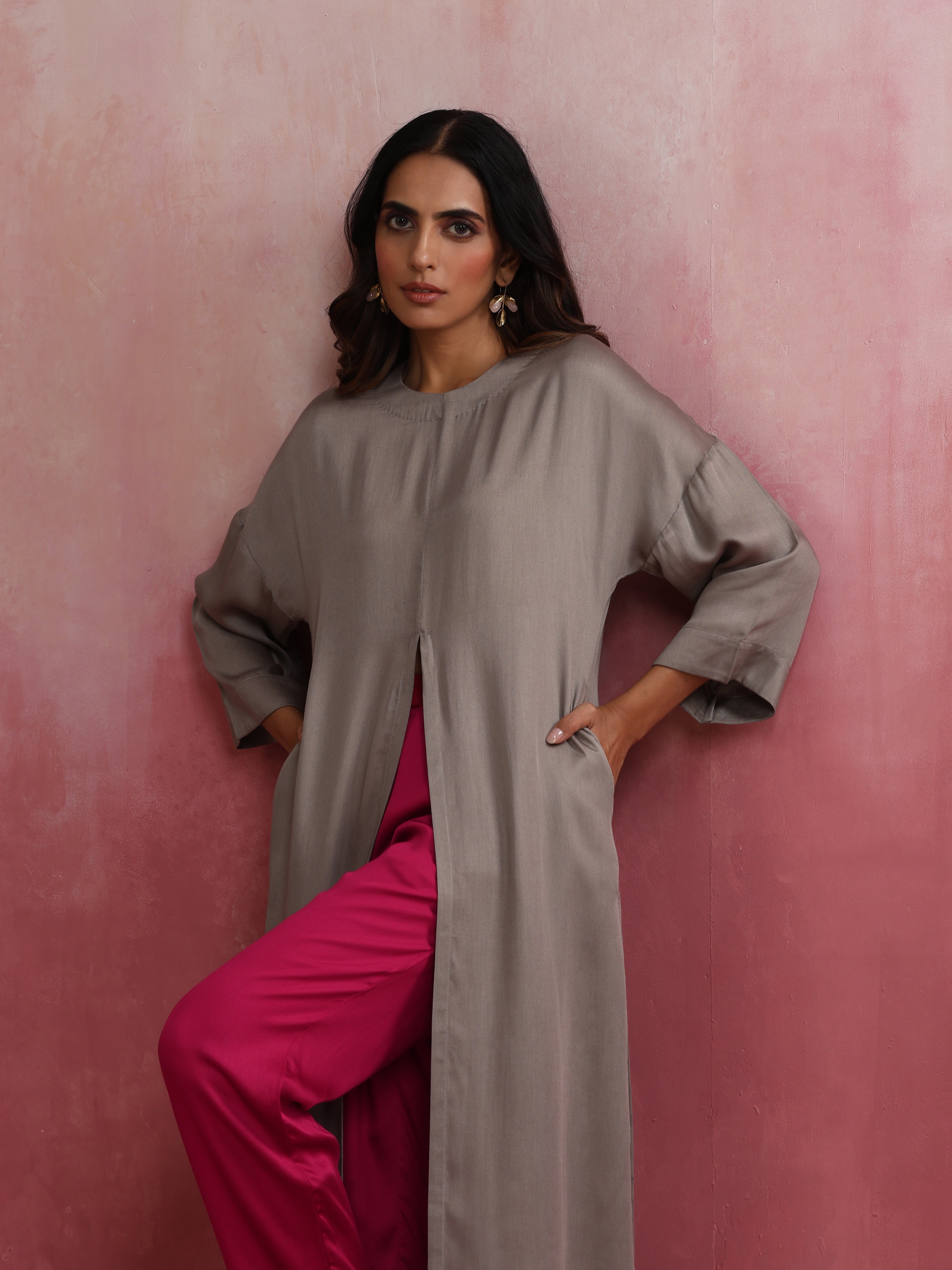 trueBrowns Grey High Slit Modal Kurta Set | Grocsy